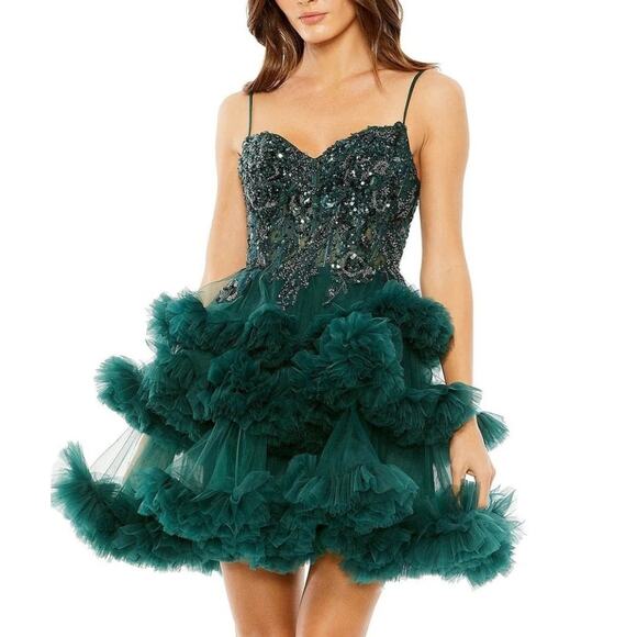 Mac Duggal 20645 Embellished Tulle Mini‎ Dress Hunter Green Size 2 NWT - Picture 1 of 10